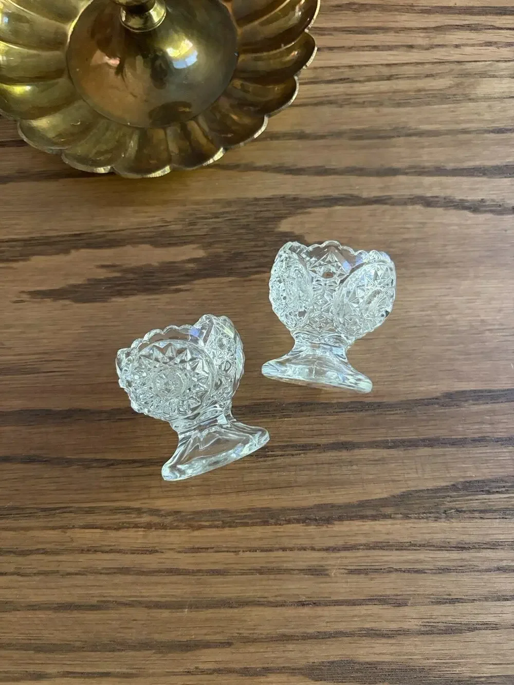 Antique EAPG Salt Cellars Footed Glass Open Salts Set Of 2 Starburst And Shells